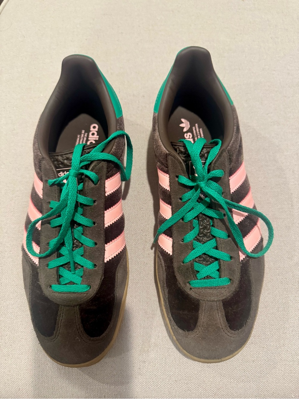 adidas Brown Suede Gazelle Sneakers with Pink Stripes and Green Accents - Picture 4 of 7